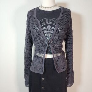 Yessica Open Knit Crochet Cardigan Gray Hook‎ & Eye Closure Lightweight Sweater